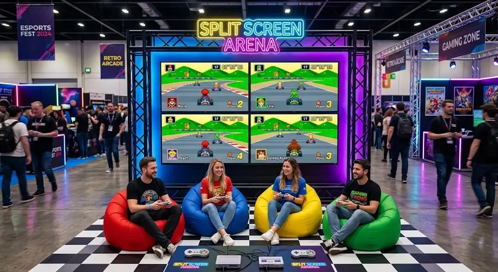 Wizualizacja Split-Screen Areny z czterema telewizorami i miejscami dla graczy